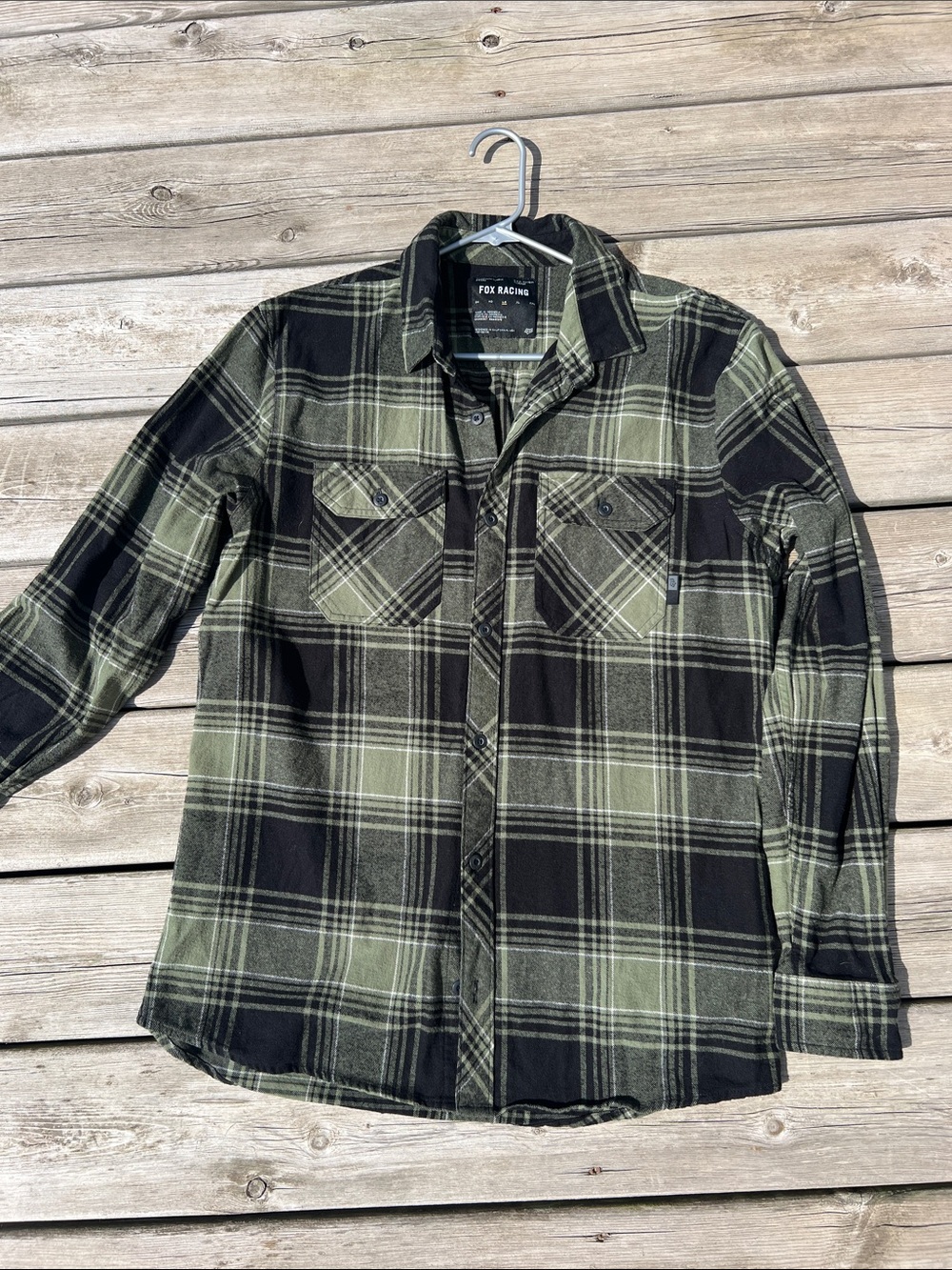 Fox Racing Olive Green and Black Plaid Button-Up Flannel Shirt